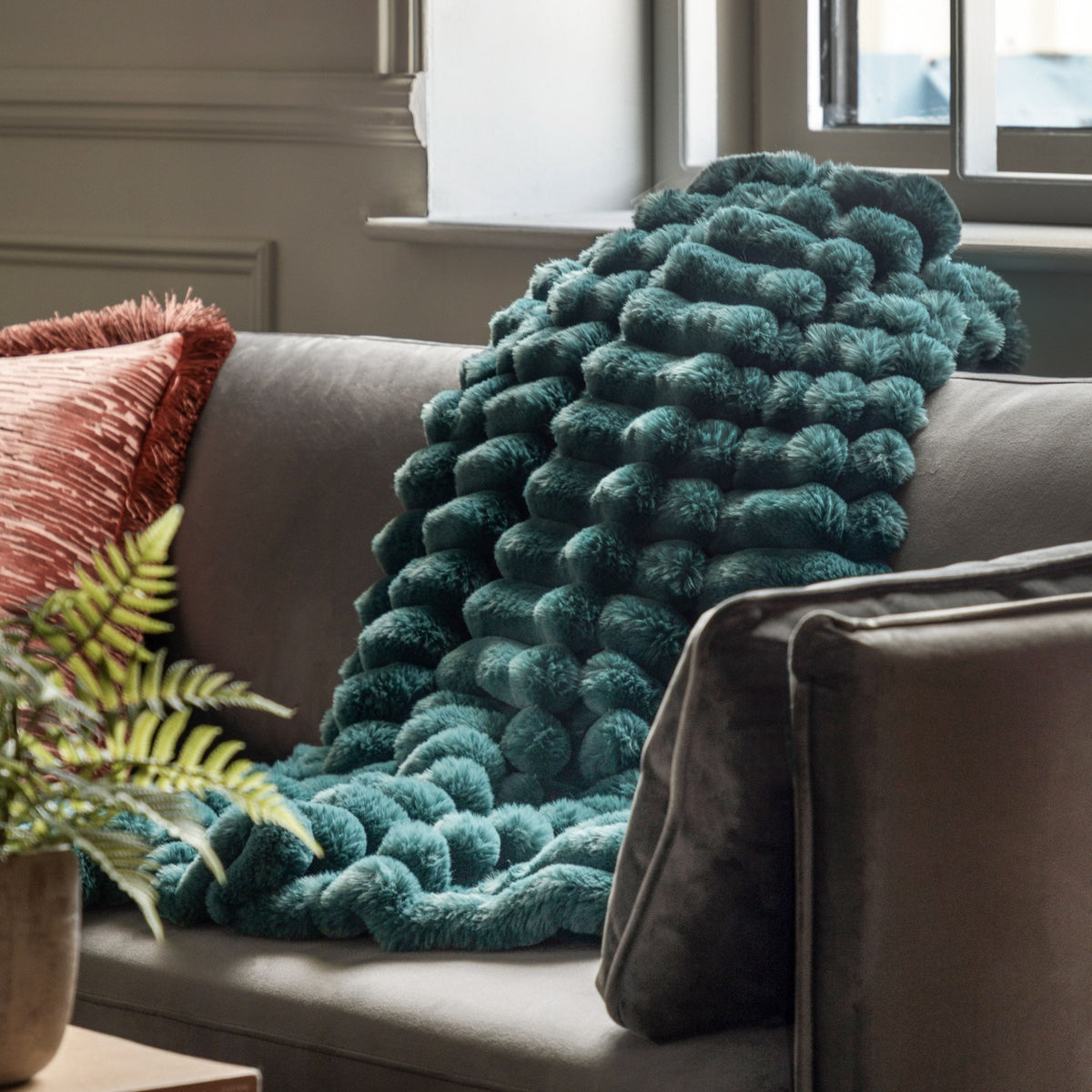 Bodhi Accessories Ribbed Faux Fur Throw Teal House of Isabella UK