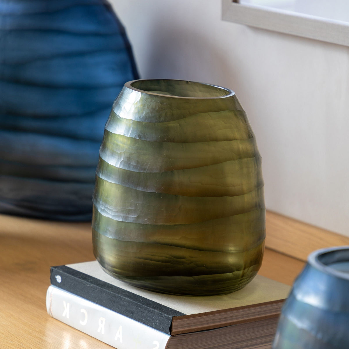 Bodhi Accessories Sinto Handblown Carved Glass Vase Olive Small House of Isabella UK