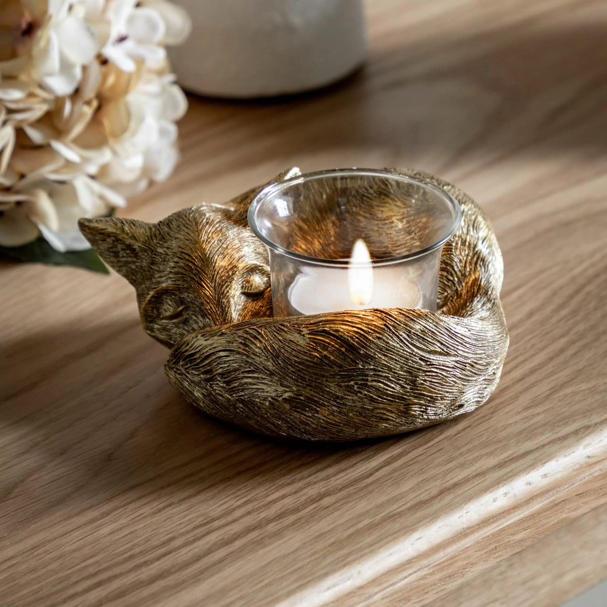 Sleeping Fox Tealight Holder Gold.
