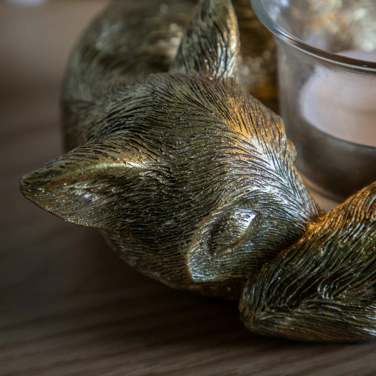 Sleeping Fox Tealight Holder Gold.