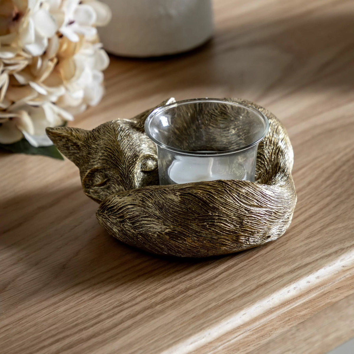 Sleeping Fox Tealight Holder Gold.