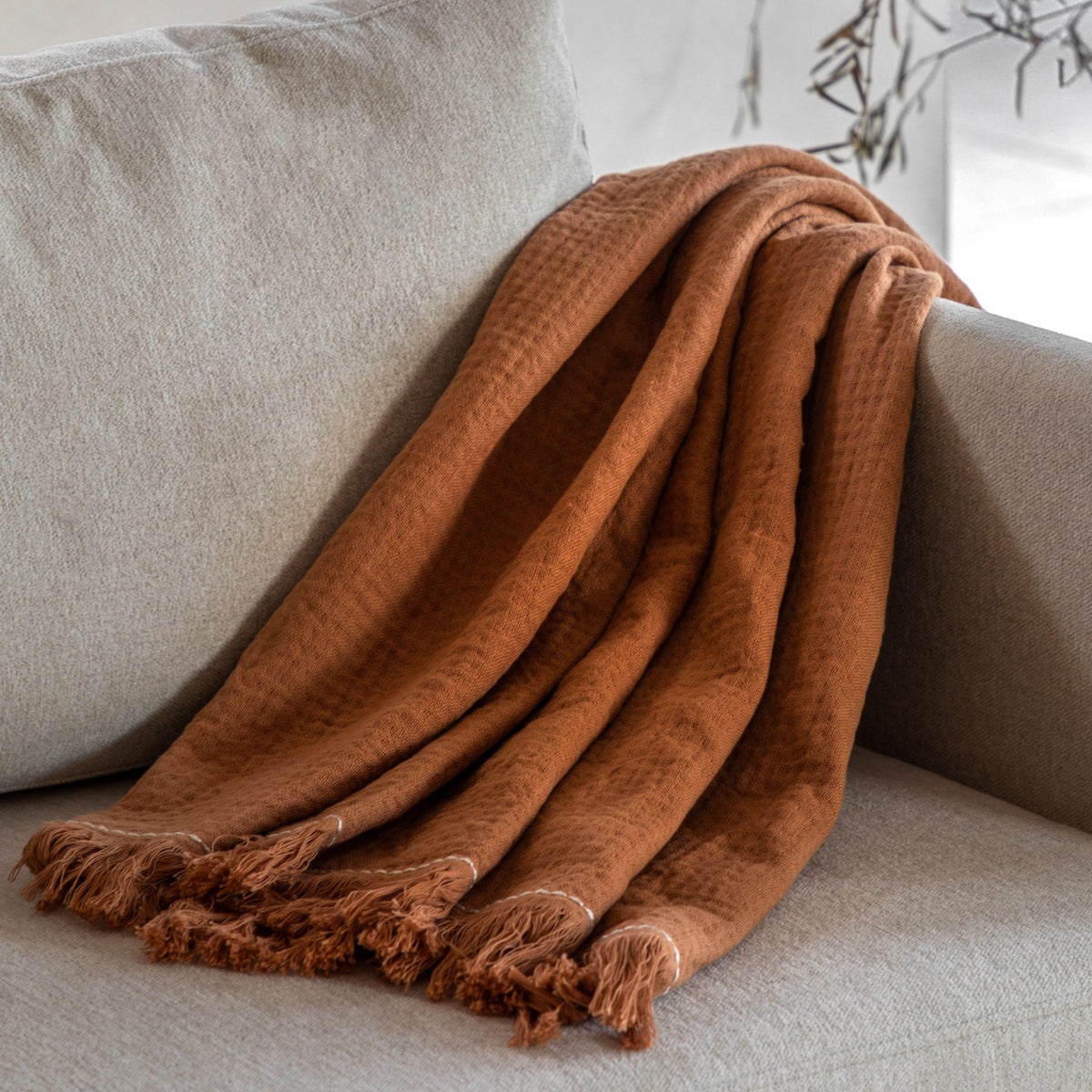 Bodhi Accessories Stitched Border Waffle Throw Apricot House of Isabella UK