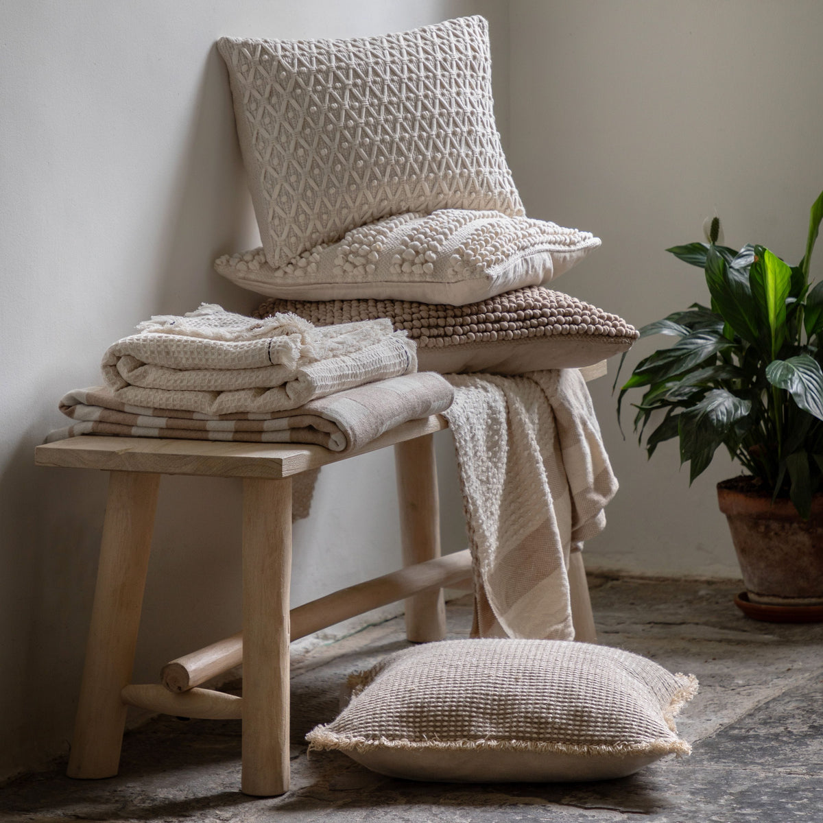 Bodhi Accessories Stitched Border Waffle Throw Cream House of Isabella UK