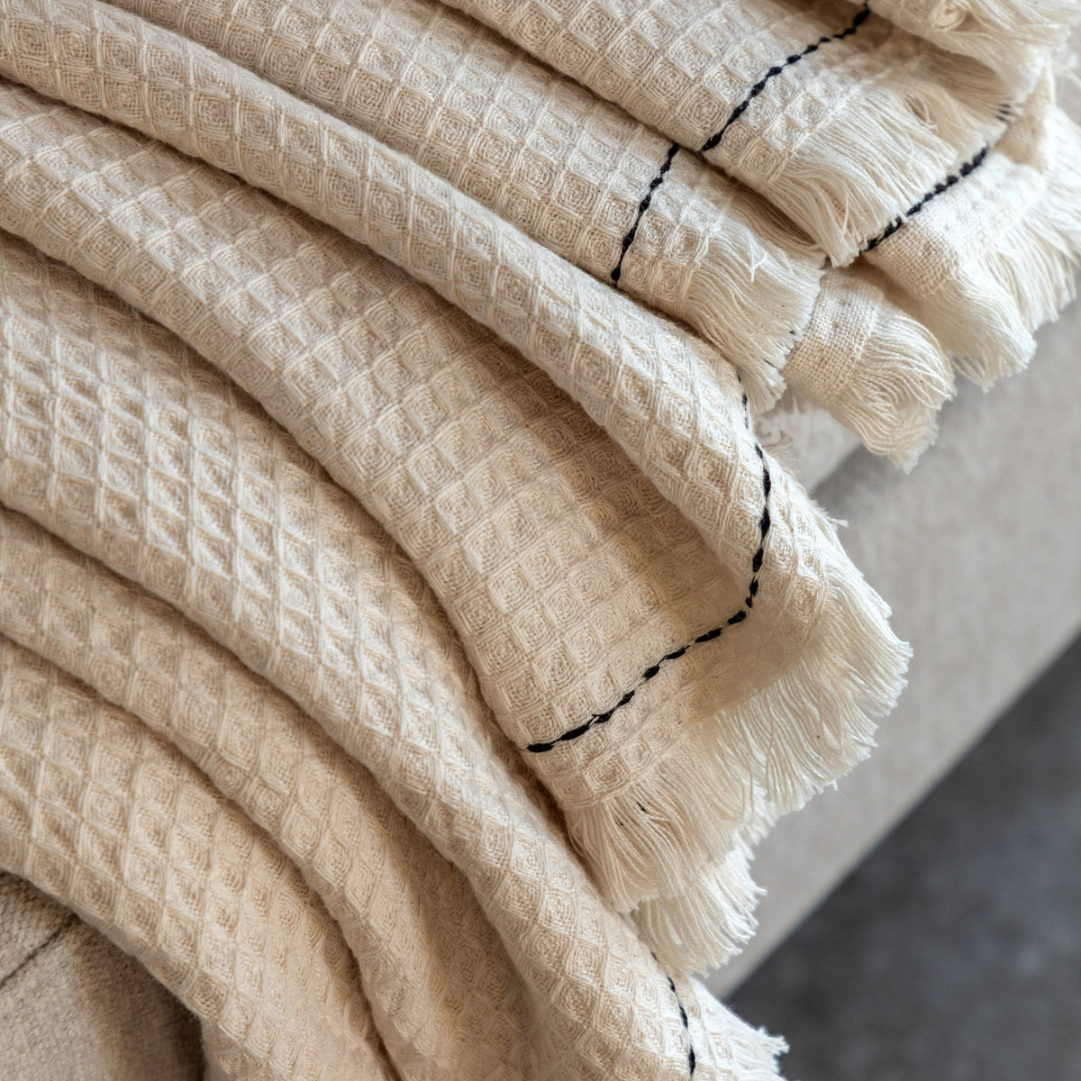 Bodhi Accessories Stitched Border Waffle Throw Cream House of Isabella UK