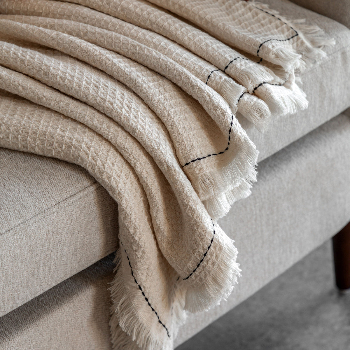 Bodhi Accessories Stitched Border Waffle Throw Cream House of Isabella UK