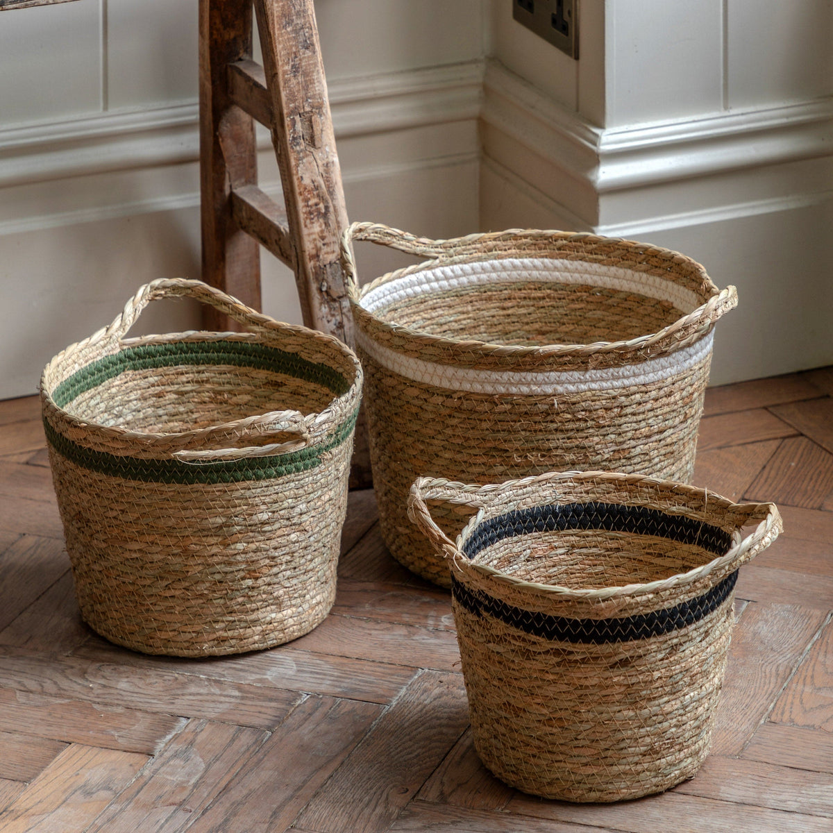 Bodhi Accessories Storage Basket Black White Olive Stripe Nest of 3 House of Isabella UK