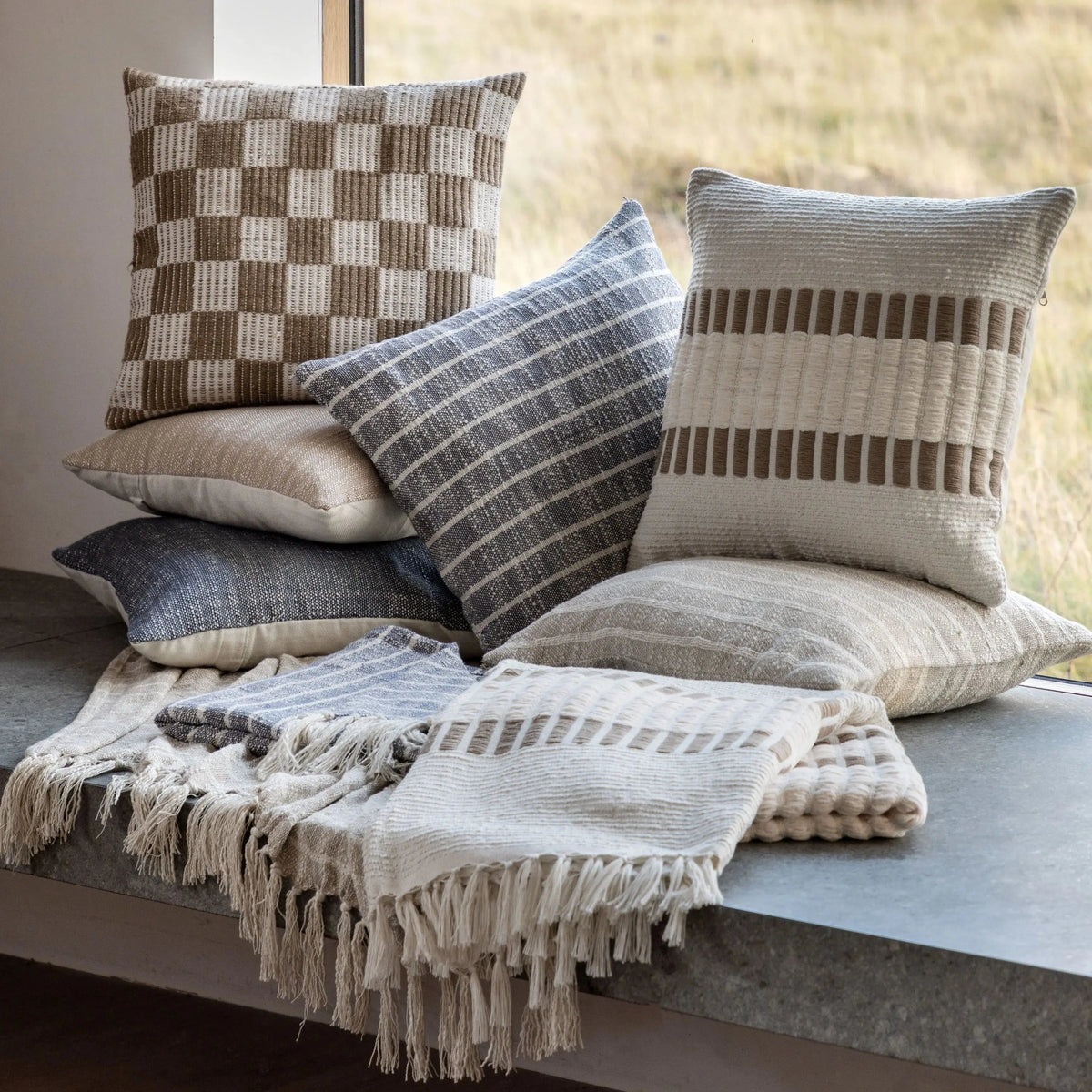 Bodhi Accessories Winster Check Woven Cushion Taupe House of Isabella UK