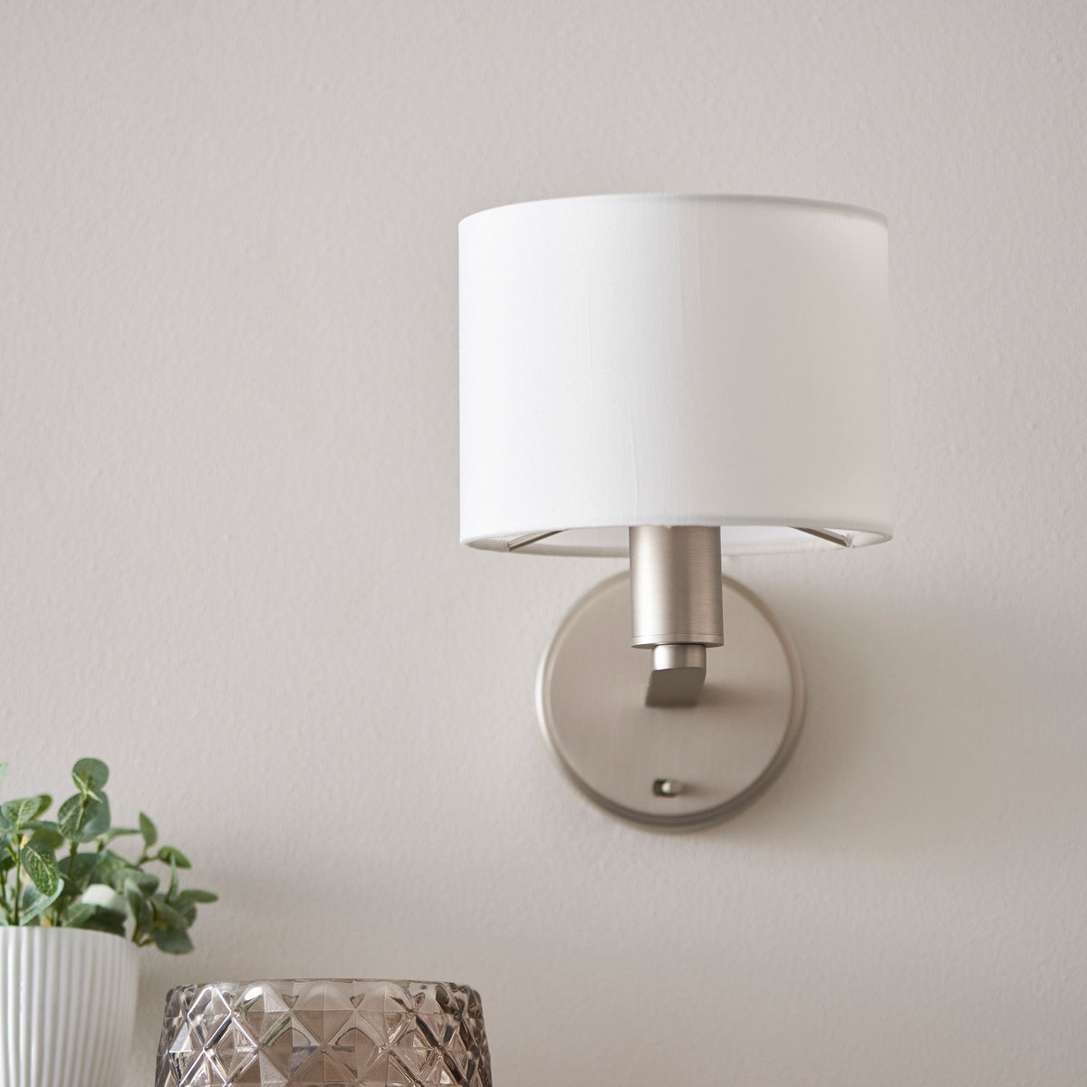 Boyn Wall Light Nickel & White Faux Silk.