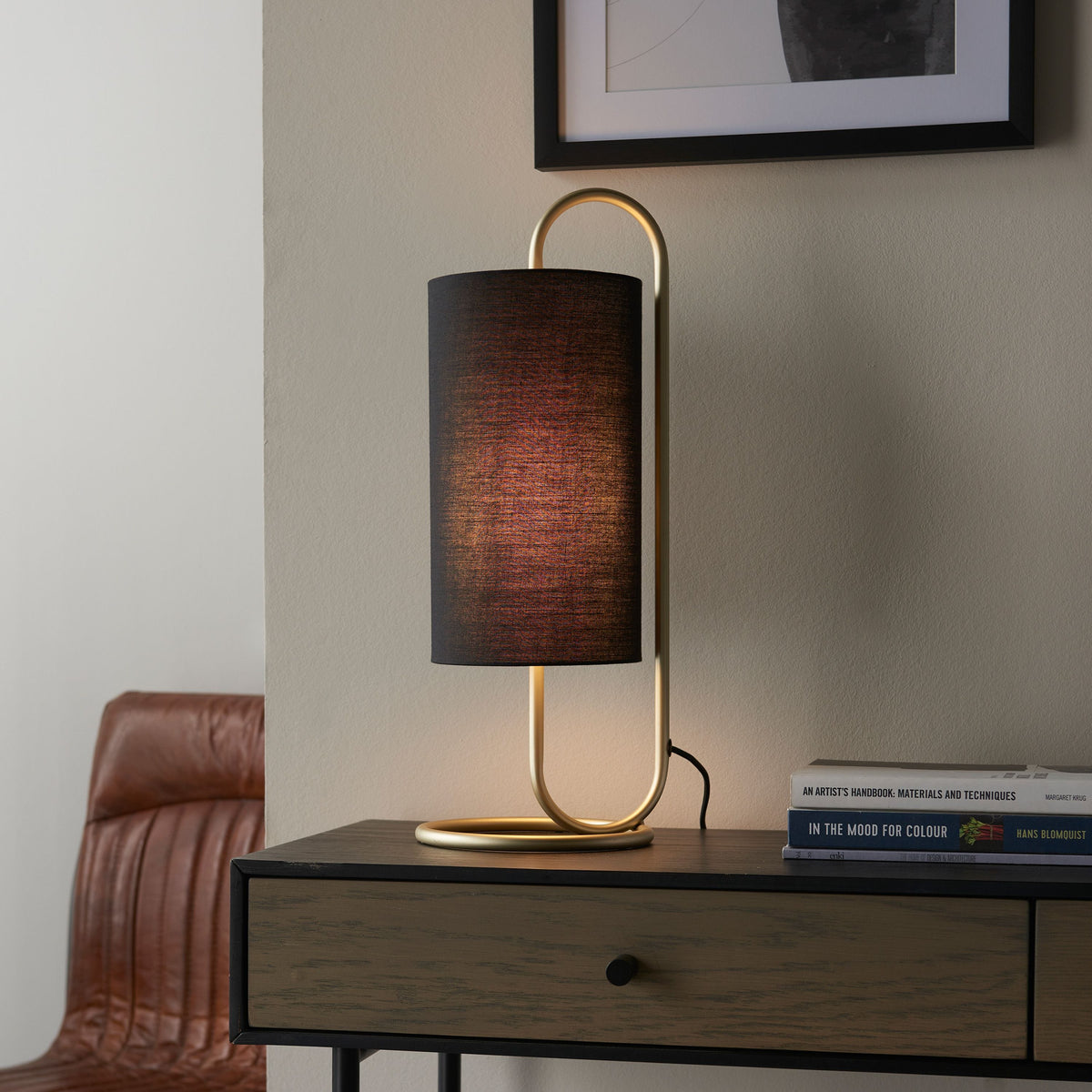 Clip Table Lamp Antique Brass/Black Fabric.