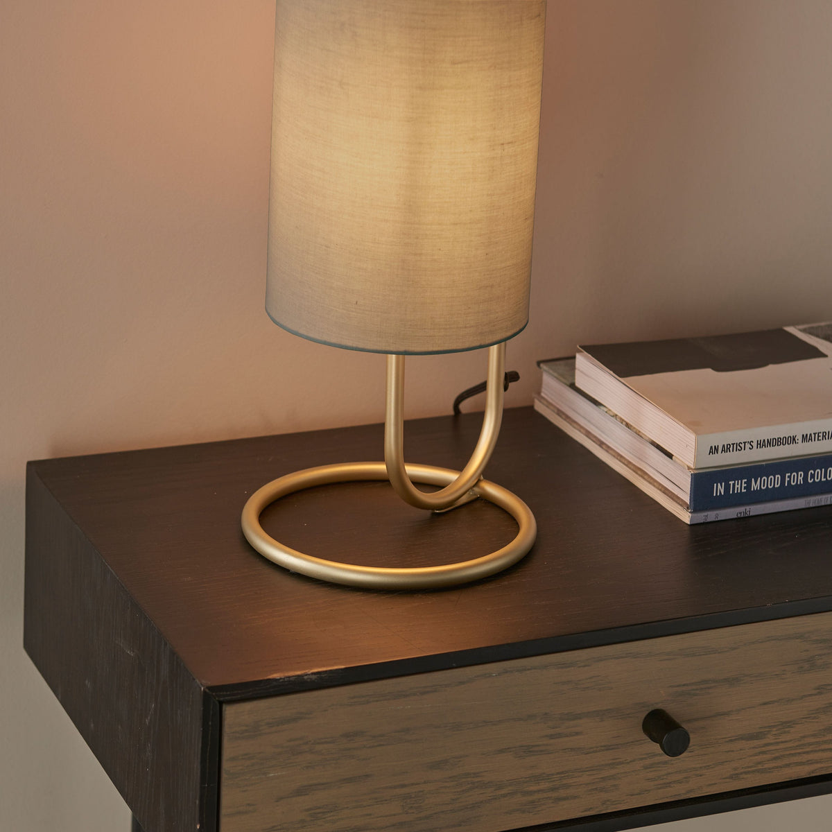 Clip Table Lamp Antique Brass/Grey Fabric.