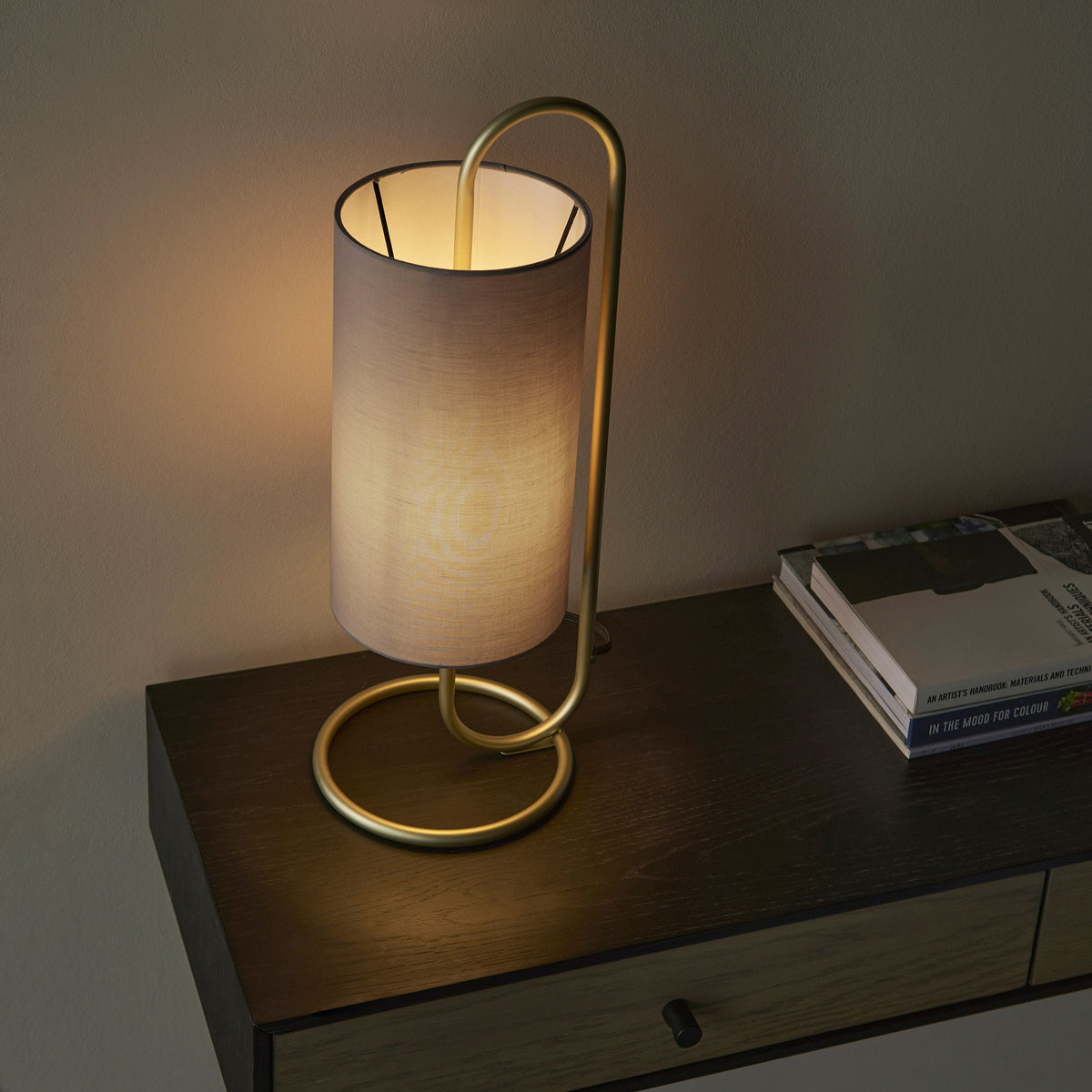 Clip Table Lamp Antique Brass/Grey Fabric.