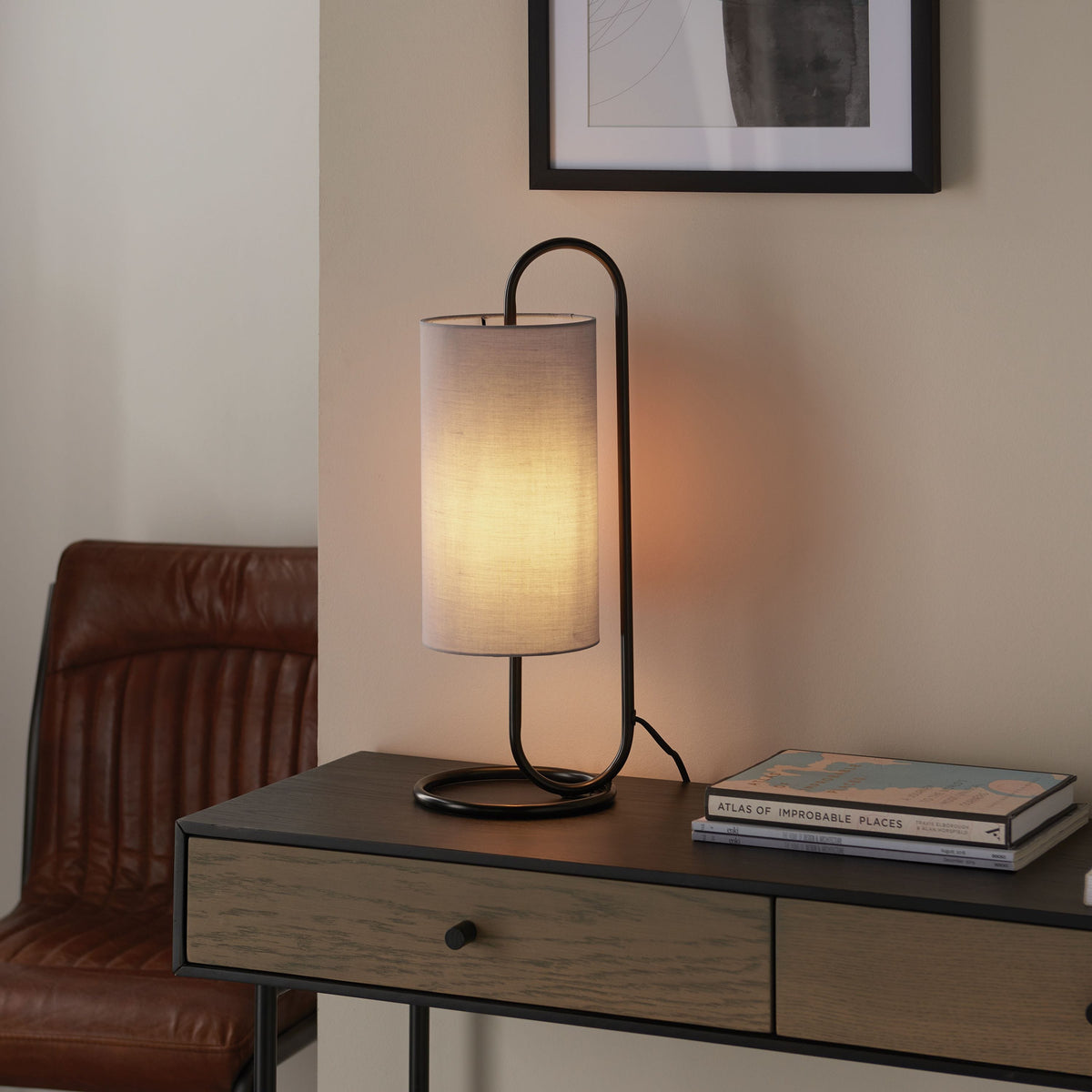 Clip Table Lamp Matt Black/Grey Fabric.