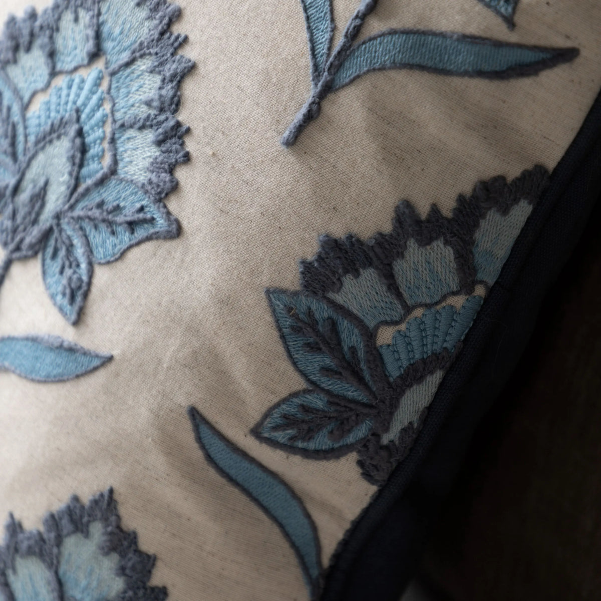 Bodhi Living Fleur Embroidered Cushion Ink Blue House of Isabella UK