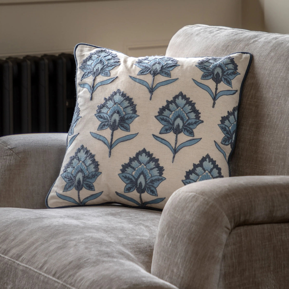Bodhi Living Fleur Embroidered Cushion Ink Blue House of Isabella UK