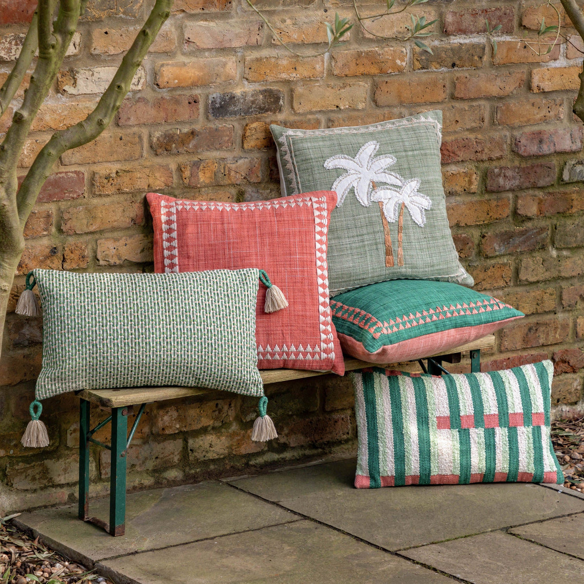 Bodhi Living Kai Embroidered Border Cushion Green House of Isabella UK