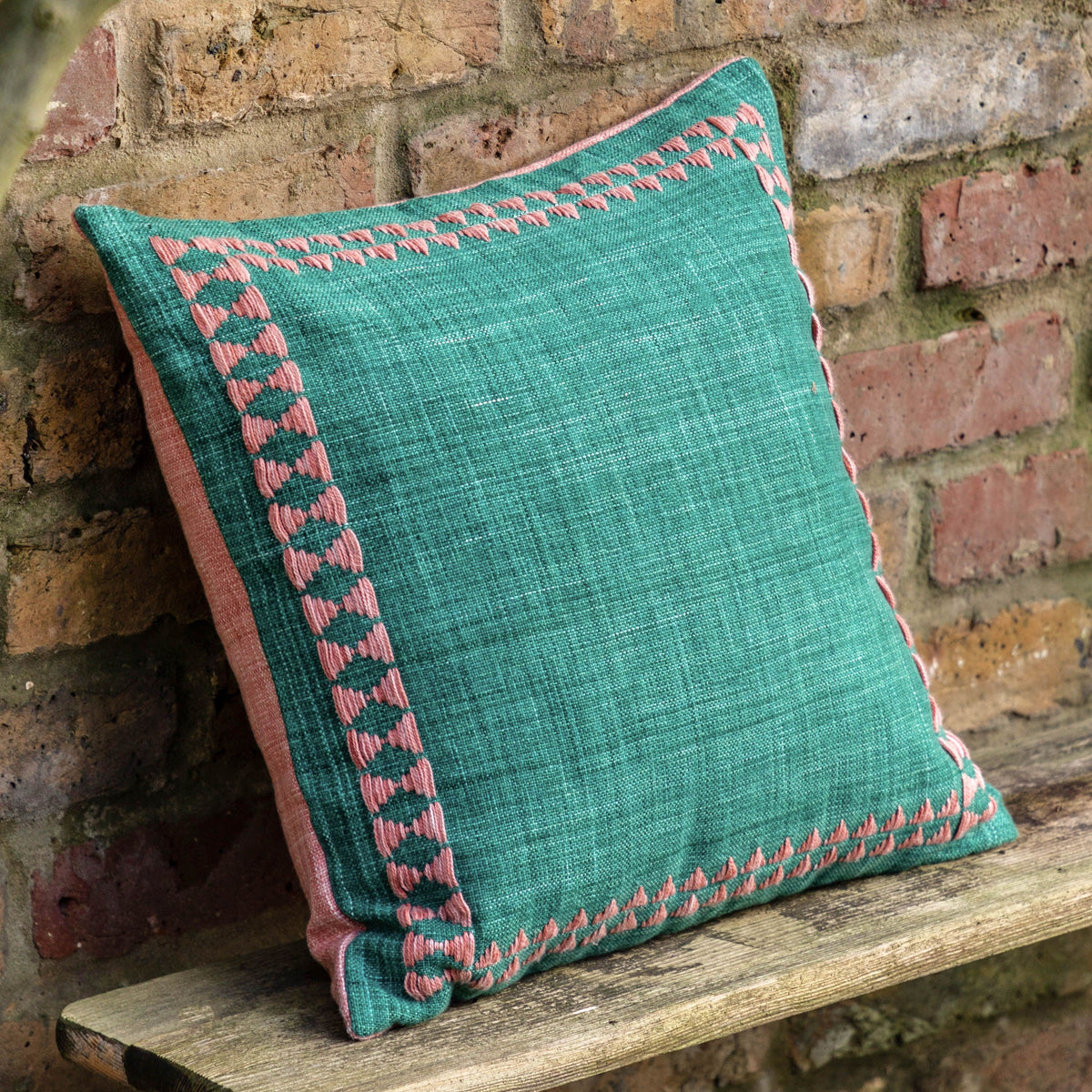 Bodhi Living Kai Embroidered Border Cushion Green House of Isabella UK