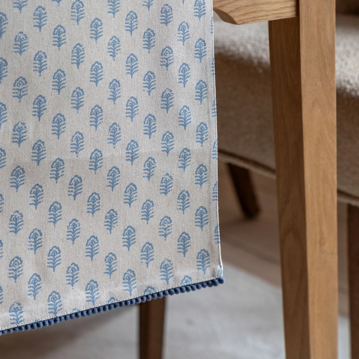 Bodhi Sleeping Fleur Floral Stamp Table Runner Blue House of Isabella UK