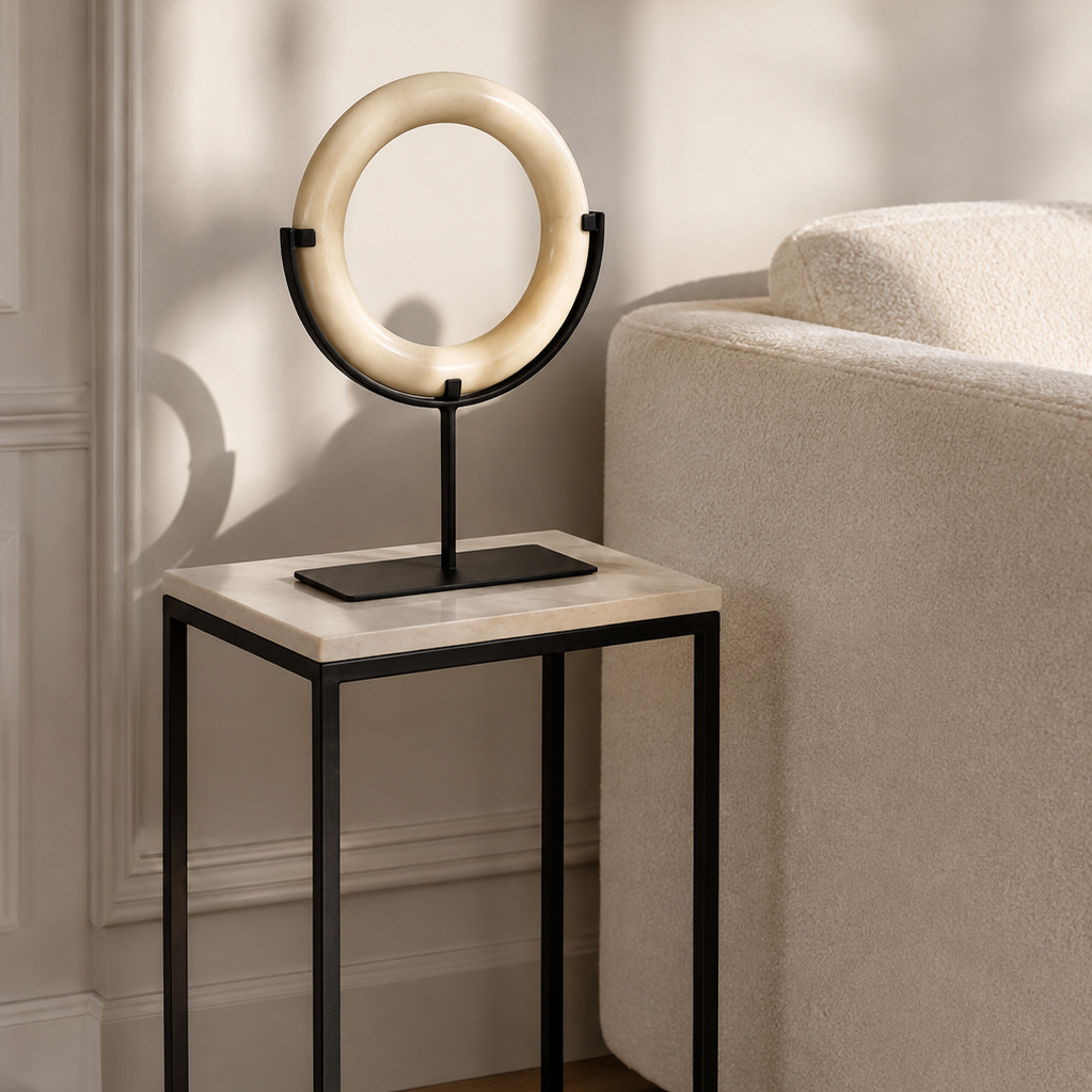 Zoro Cream Marble Ring Sculpture on Metal Stand
