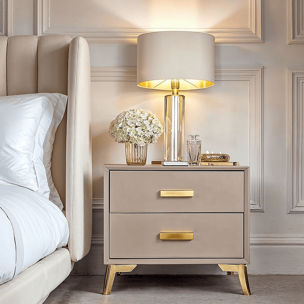 Cara Mink & Gold 2 Drawer Bedside Table