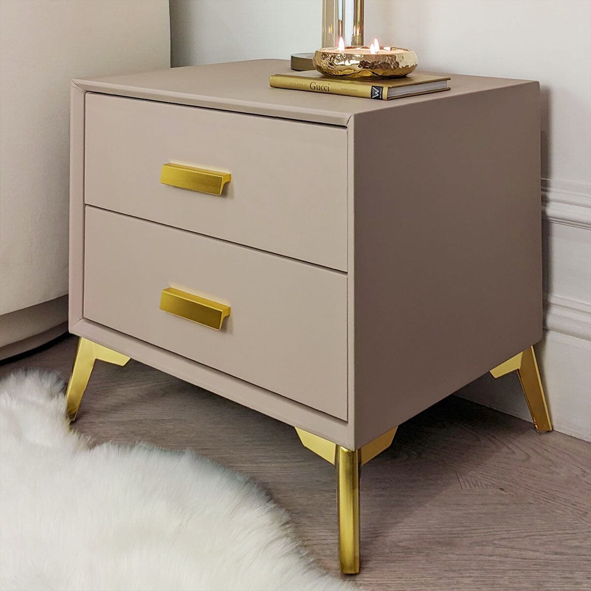 Cara Mink & Gold 2 Drawer Bedside Table