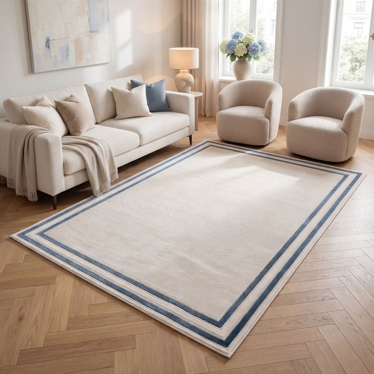 Carmel Cream-Blue Bordered Rug | 6060