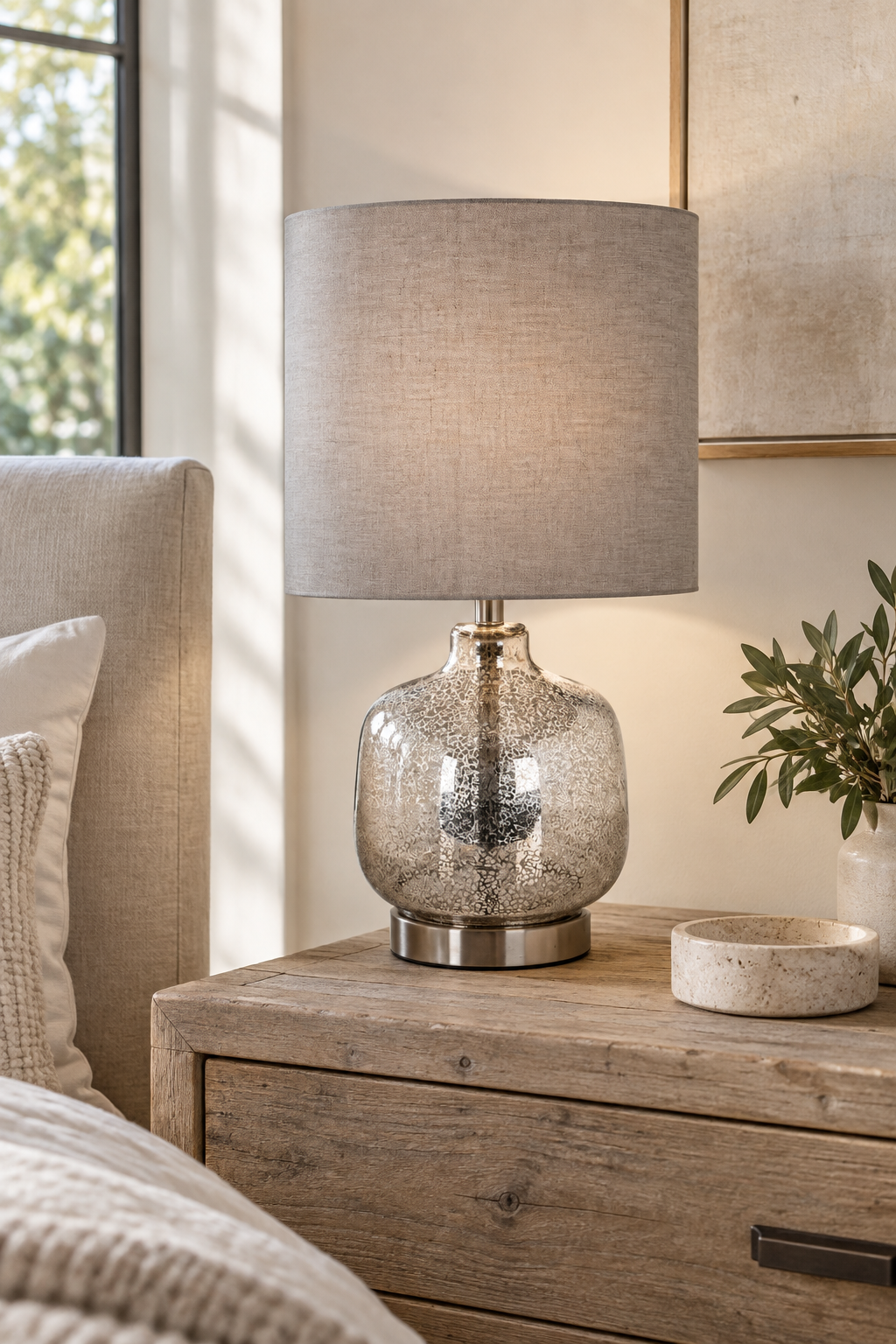 Imri Glass Table Lamp with Natural Fabric Shade