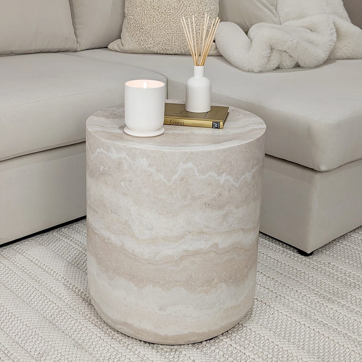 Celeste Round Neutral Marble Effect Side Table