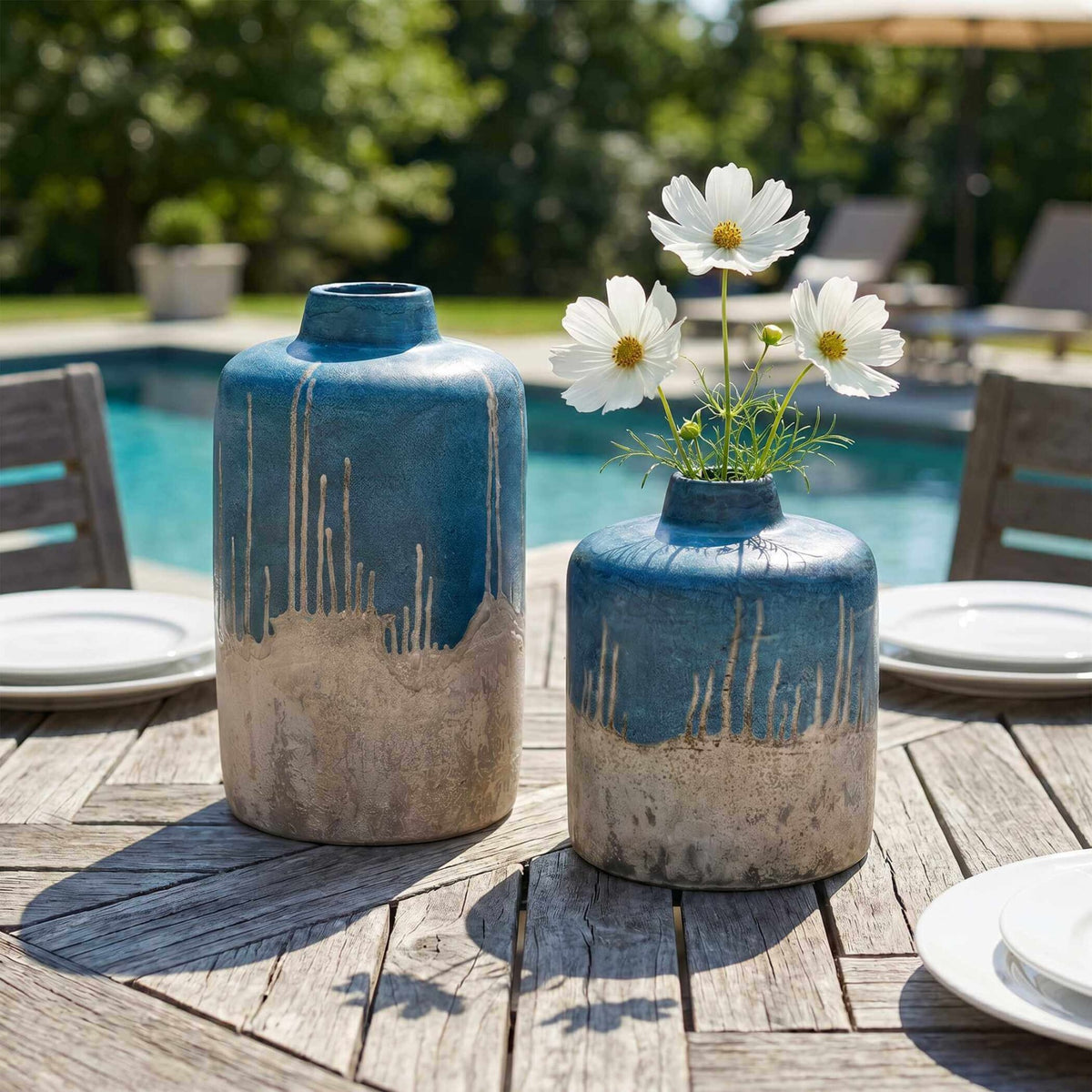 Coastal Cascade Indoor-Outdoor Blue Vases, Set of 2