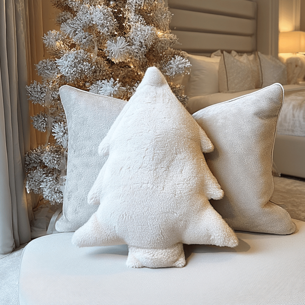 Cream Fleece Christmas Tree Decorative Cushion