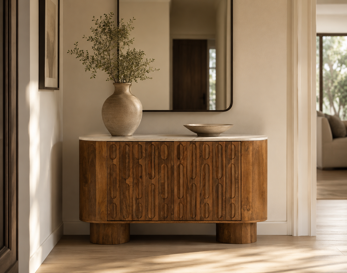 Torcino Marble and Carved Mango Wood  Two Door Sideboard