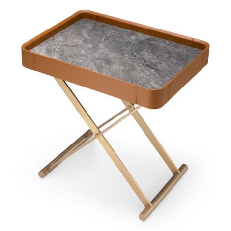 Eichholtz Accessories Butler Tray Monarch Brushed brass finish | brown leather | grey marble look sintered stone House of Isabella UK
