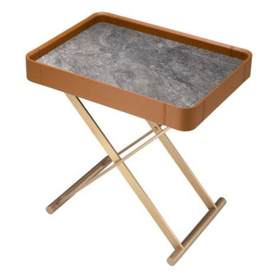 Eichholtz Accessories Butler Tray Monarch Brushed brass finish | brown leather | grey marble look sintered stone House of Isabella UK