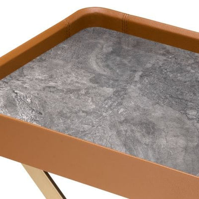 Eichholtz Accessories Butler Tray Monarch Brushed brass finish | brown leather | grey marble look sintered stone House of Isabella UK