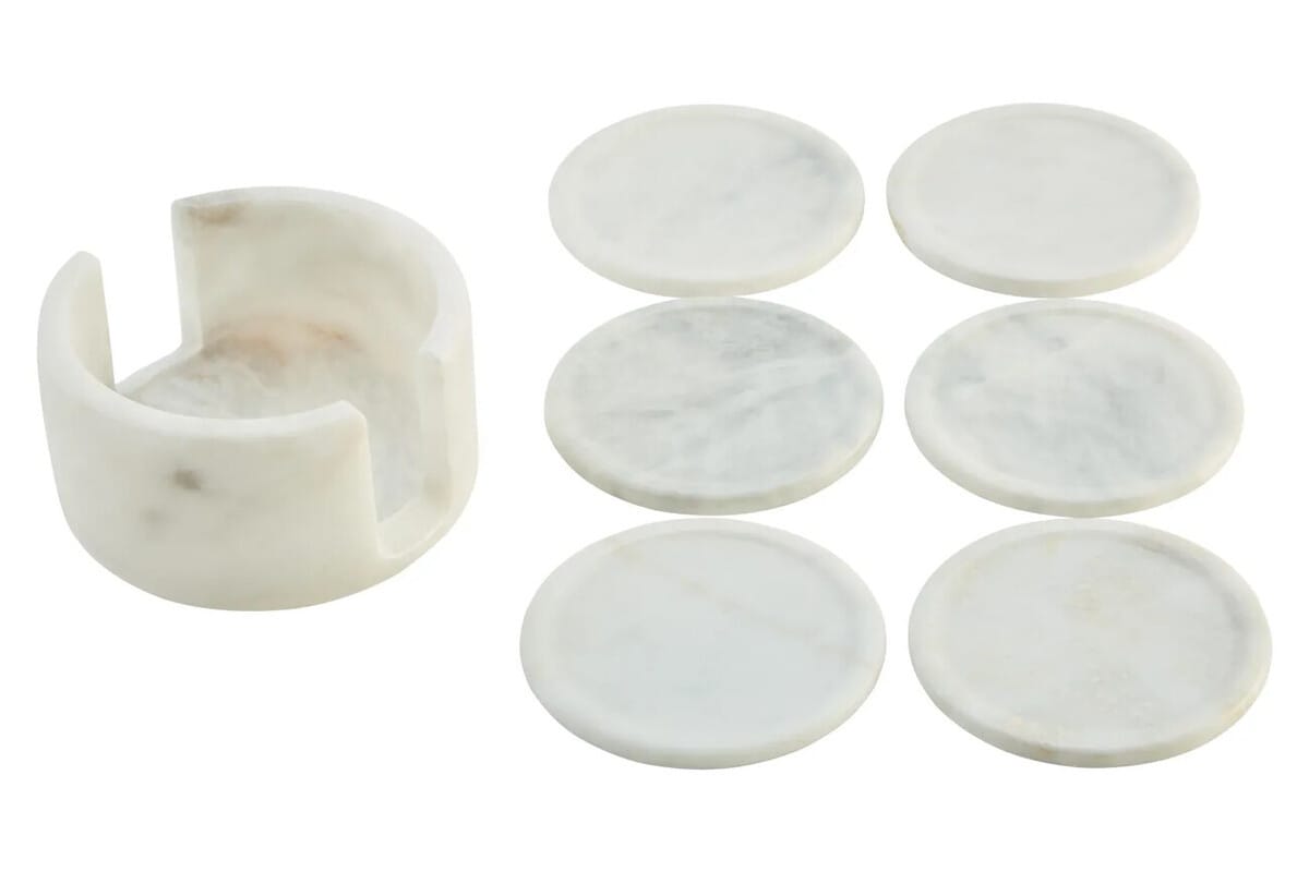 Esperance Accessories Kindia White Marble Set Of Six Round Coasters with Holder House of Isabella UK
