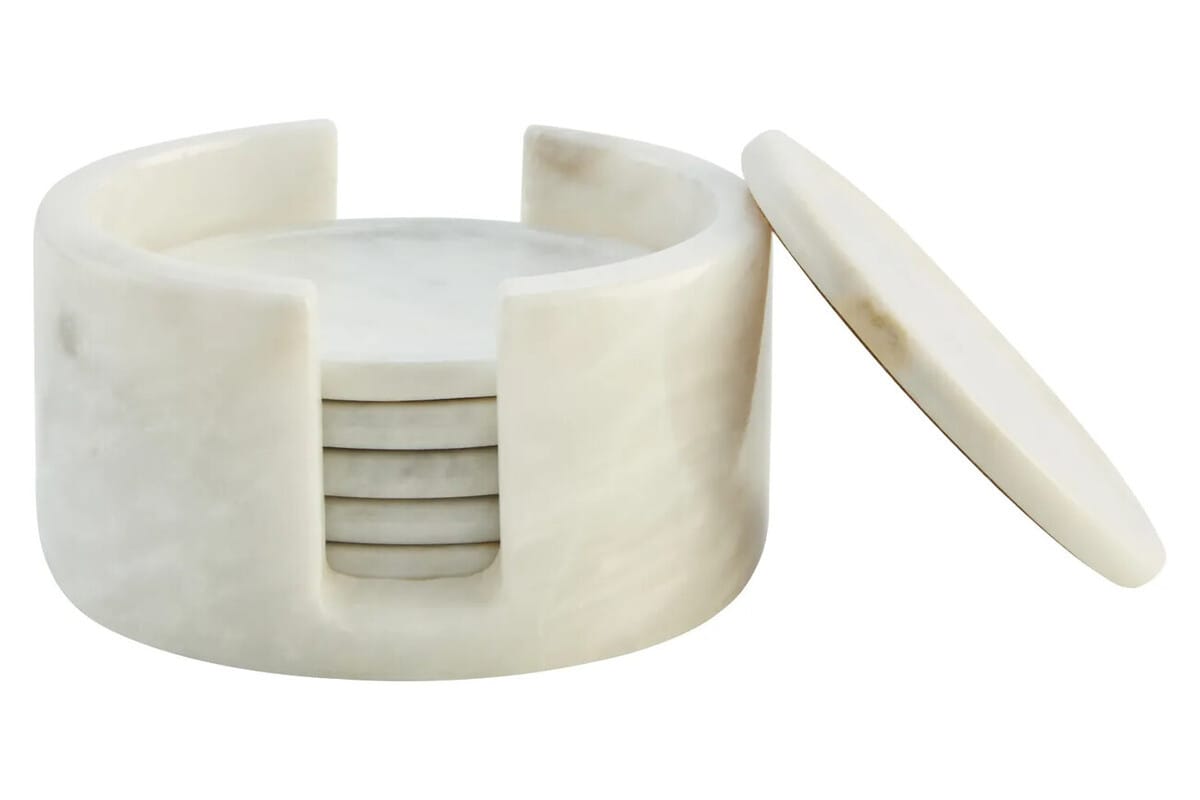 Esperance Accessories Kindia White Marble Set Of Six Round Coasters with Holder House of Isabella UK