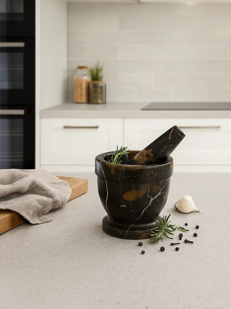 Esperance Accessories Marmore Black and Gold Marble Mortar and Pestle House of Isabella UK