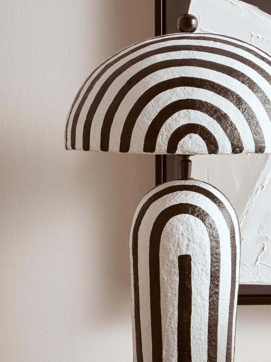Esperance Lighting Carta Black and White Stripe Papier Mache Table Lamp with Dome Shade House of Isabella UK