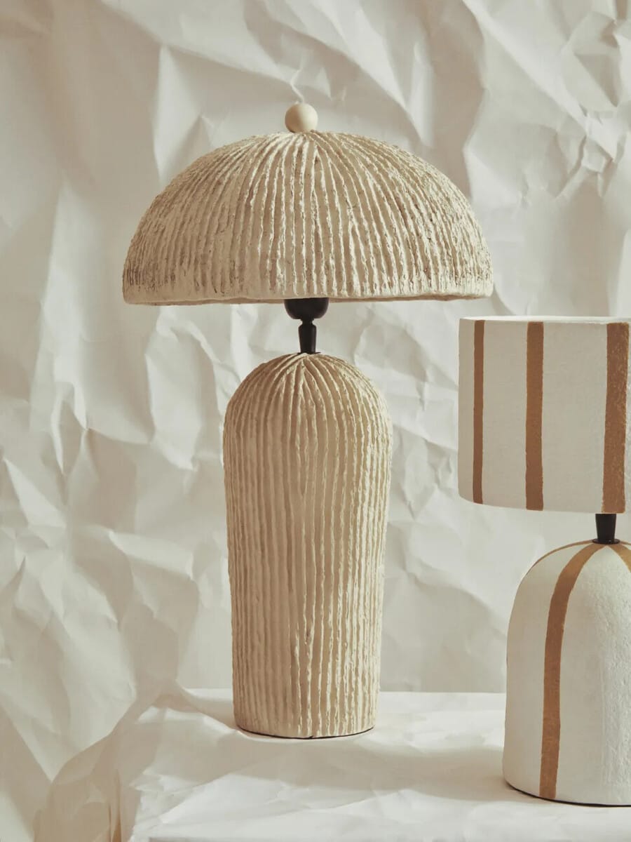 Esperance Lighting Carta Oatmeal Etched Linear Design Papier Mache Domed Table Lamp House of Isabella UK
