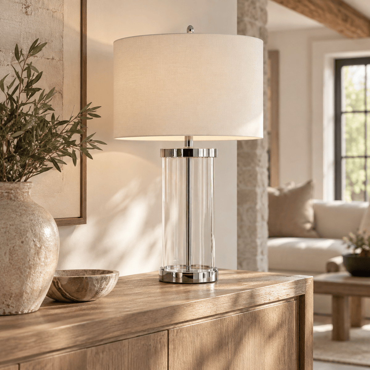Esperance Lighting Ilija Glass Table Lamp with Cream Fabric Shade House of Isabella UK