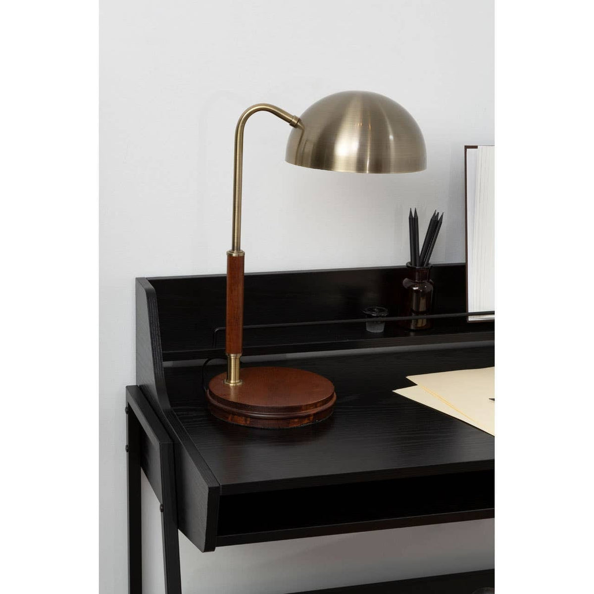 Esperance Lighting Sydnee Antique Brass Finish Task Lamp with Wood Base House of Isabella UK