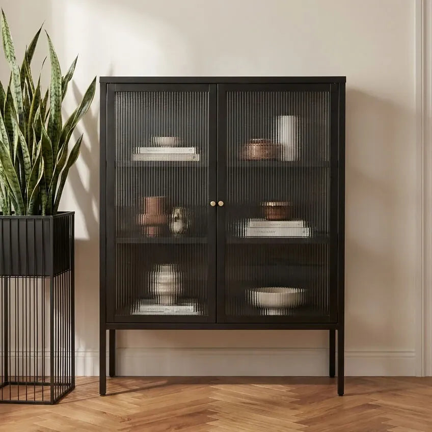 Esperance Living Addison Black Metal and Fluted Glass Door Cabinet House of Isabella UK