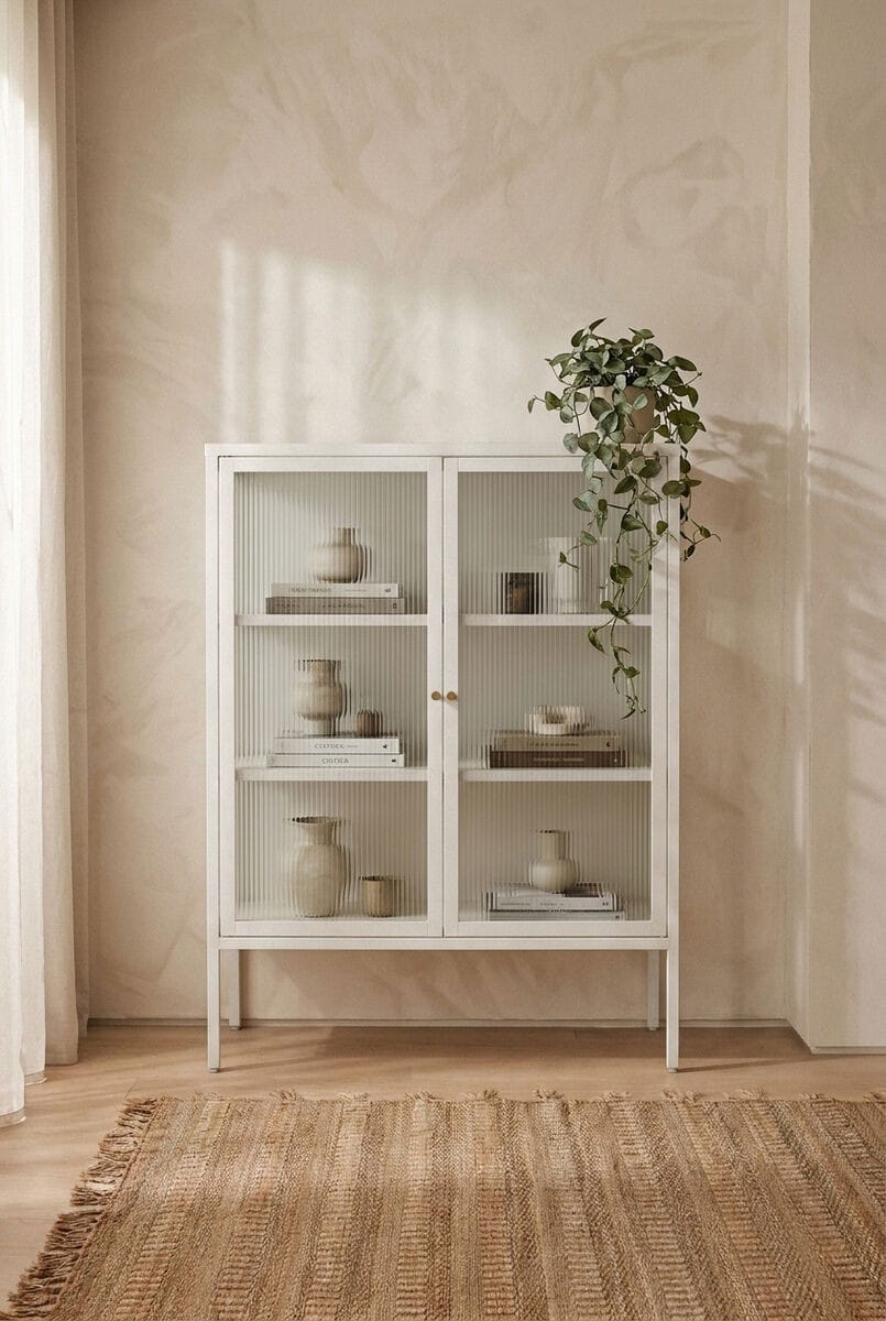 Esperance Living Addison Warm White Metal and Fluted Glass Door Cabinet House of Isabella UK