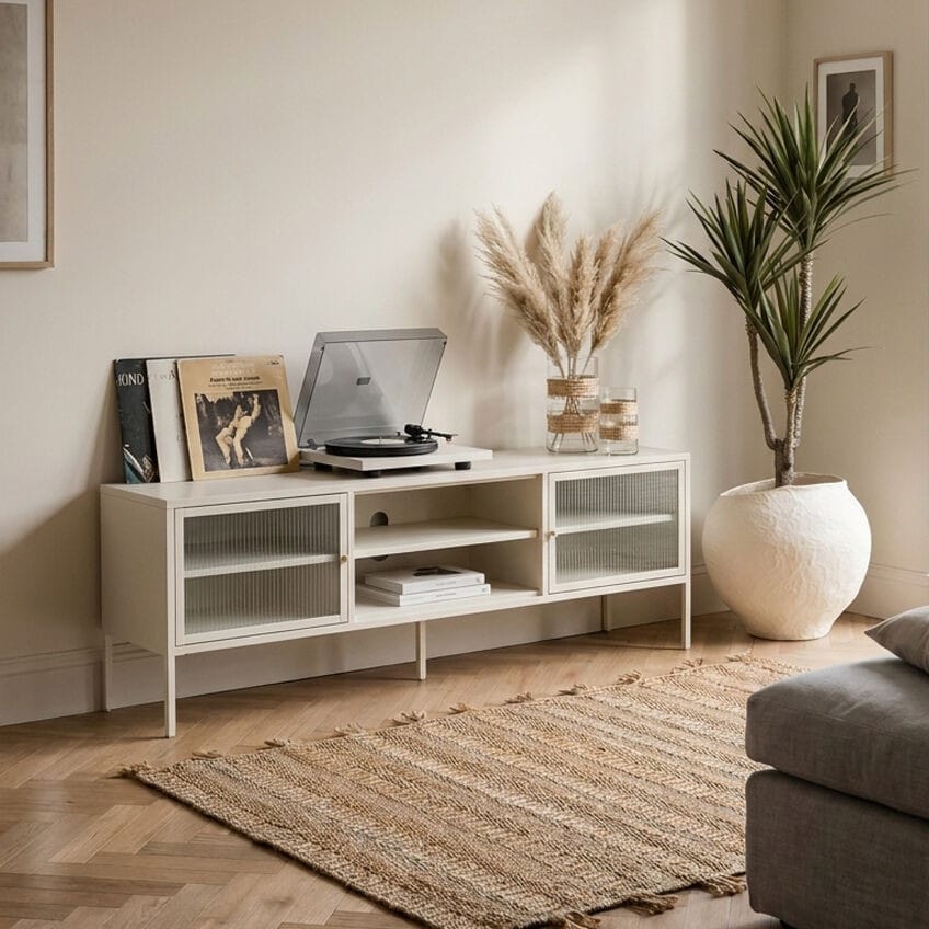 Esperance Living Addison Warm White Metal Fluted Glass Door Media Unit House of Isabella UK