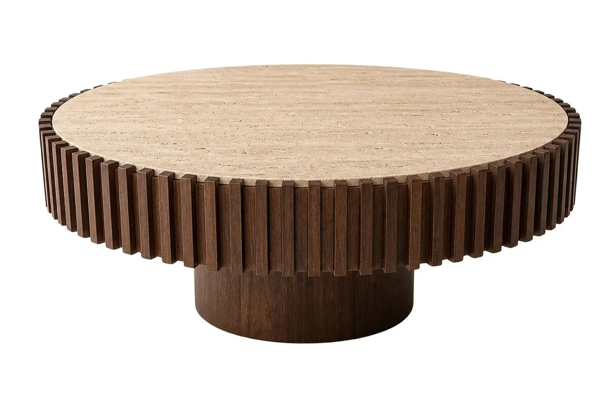 Esperance Living Babel Round Travertine and Mango Wood Coffee Table House of Isabella UK