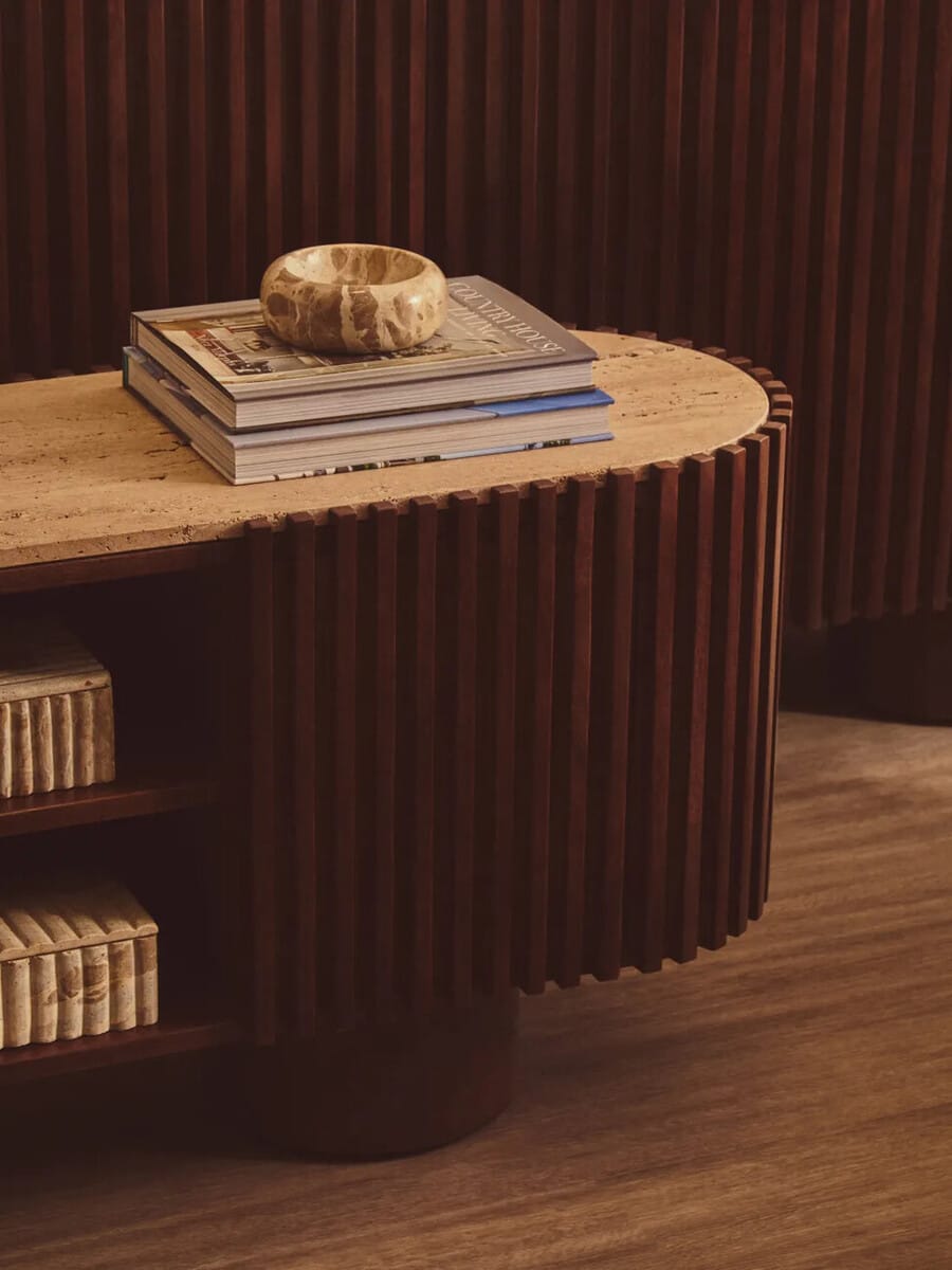 Esperance Living Babel Travertine and Mango Wood Curved Media Unit House of Isabella UK