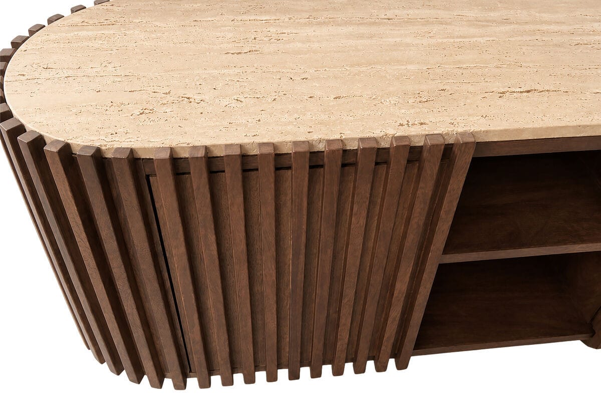 Esperance Living Babel Travertine and Mango Wood Curved Media Unit House of Isabella UK