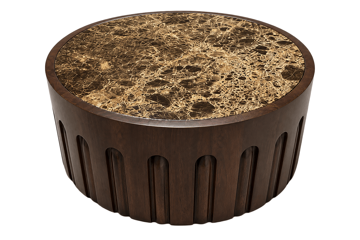 Esperance Living Barola Round Brown Marble and Dark Mango Wood Carved Coffee Table House of Isabella UK