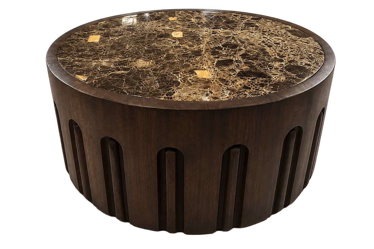 Esperance Living Barola Round Brown Marble and Dark Mango Wood Carved Coffee Table House of Isabella UK