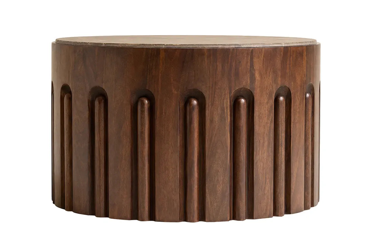 Esperance Living Barola Round Brown Marble and Dark Mango Wood Carved Coffee Table House of Isabella UK