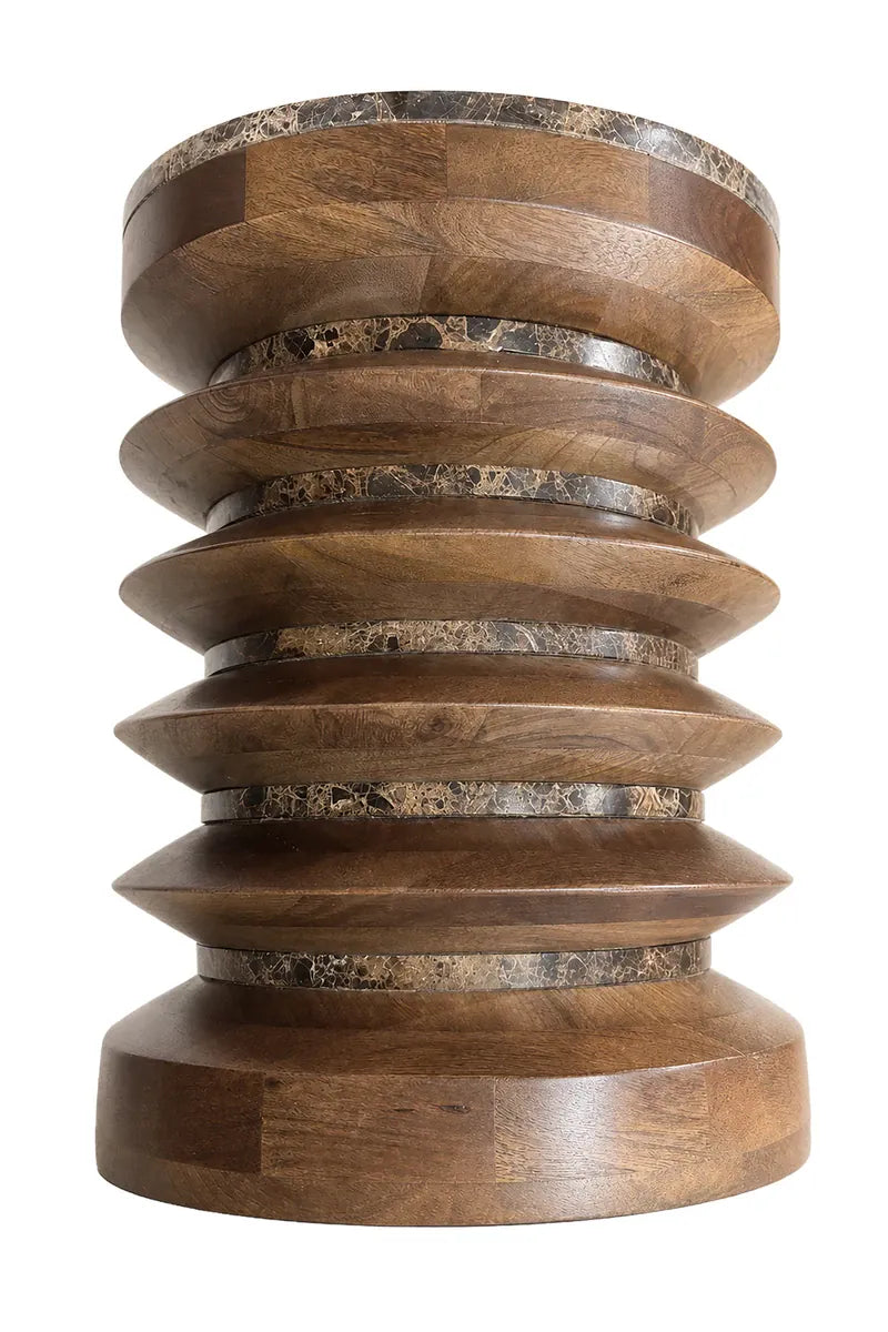 Esperance Living Barola Round Brown Marble and Mango Wood Carved Side Table House of Isabella UK